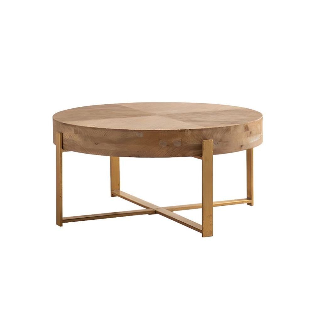 Modern Retro Coffee Table with Fir Wood Top and Gold Cross Legs_6