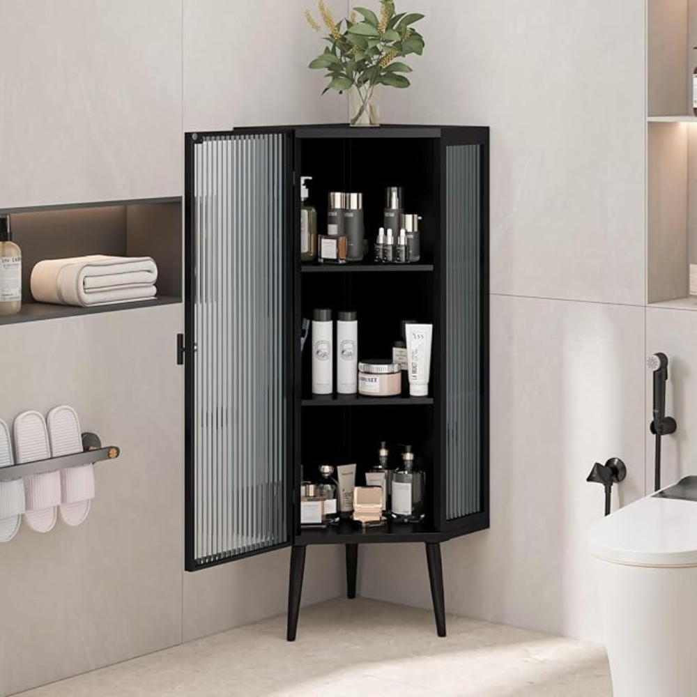 3-Tier Tempered Glass Floor Corner Cabinet for Bathroom, Living Room, and Bedroom_1