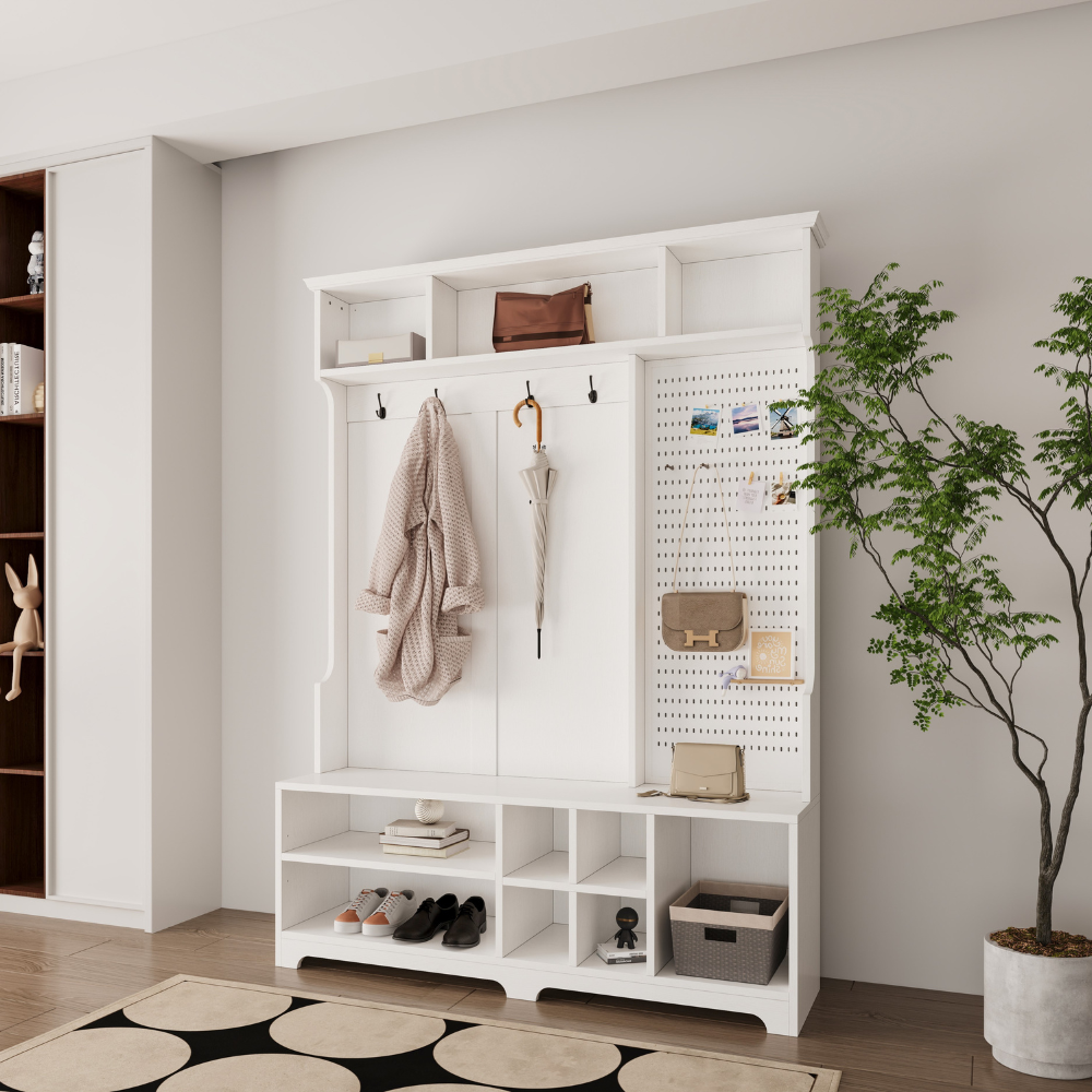 White Hall Tree with Shoe Bench, Coat Rack, Storage Shelves, and Pegboard_2