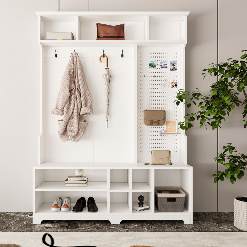 White Hall Tree with Shoe Bench, Coat Rack, Storage Shelves, and Pegboard_1