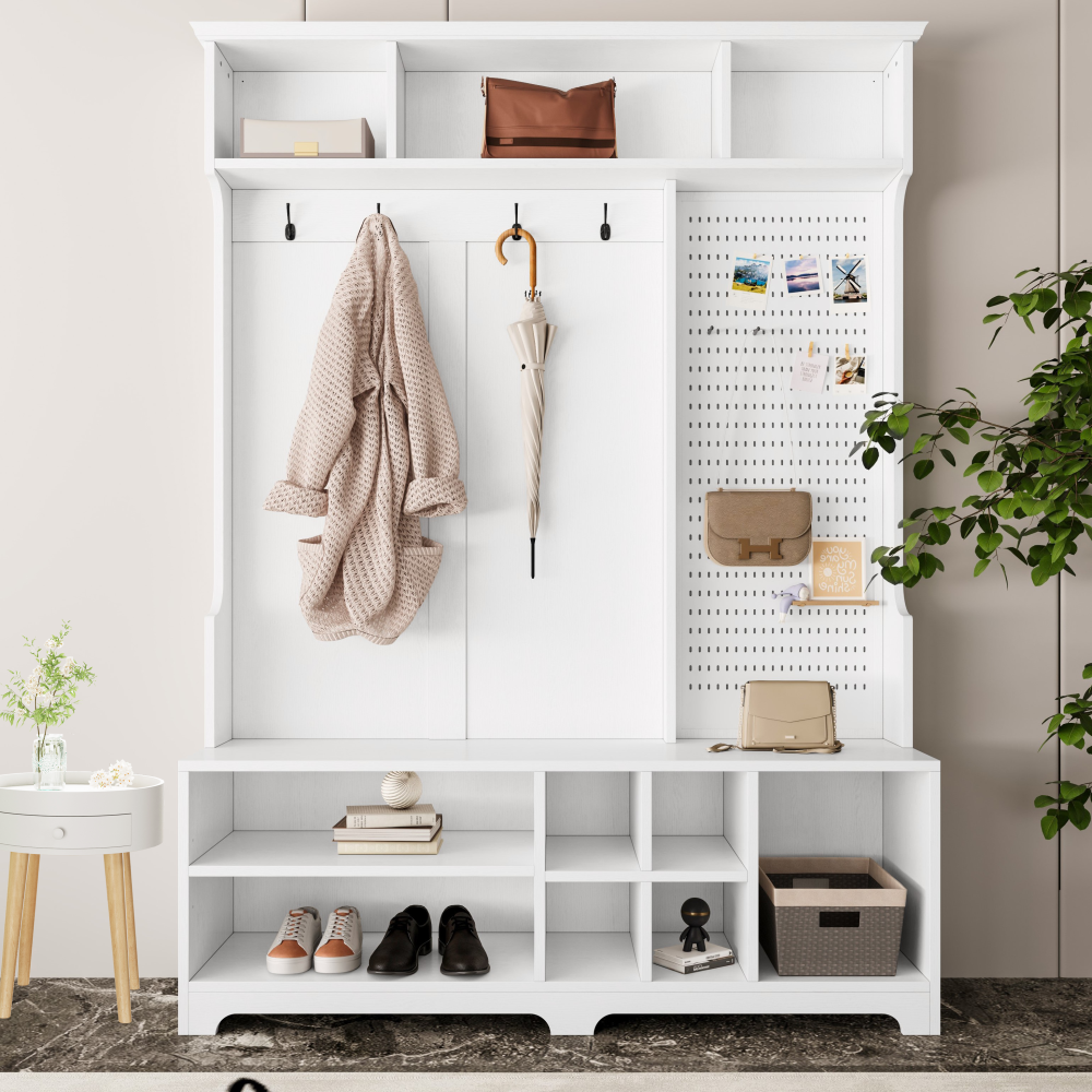 White Hall Tree with Shoe Bench, Coat Rack, Storage Shelves, and Pegboard_3