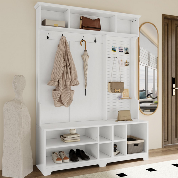 White Hall Tree with Shoe Bench, Coat Rack, Storage Shelves, and Pegboard_0