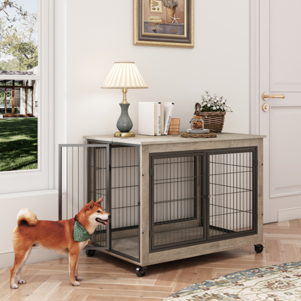 Stylish Dog Crate Side Table on Wheels_3