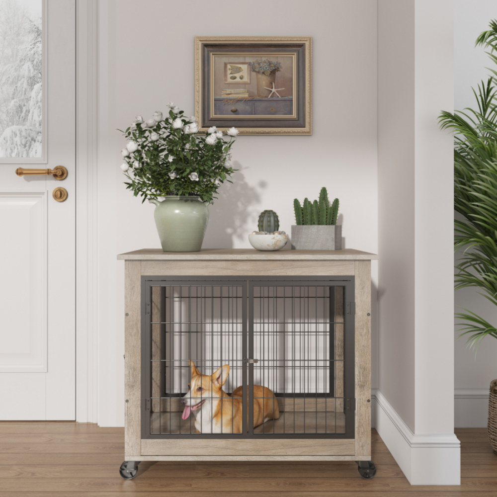 Stylish Dog Crate Side Table on Wheels_0