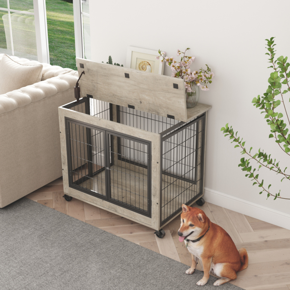 Stylish Dog Crate Side Table on Wheels_1