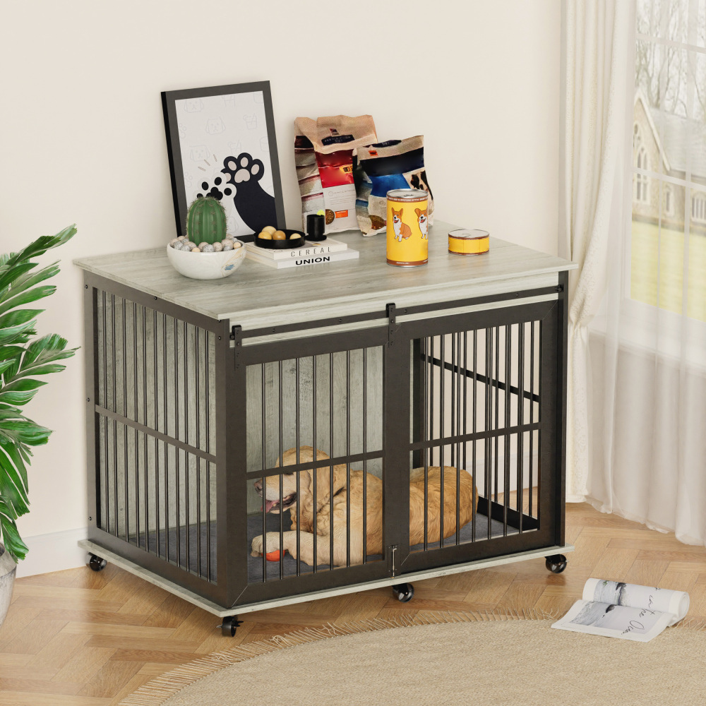 Grey Furniture Dog Crate with Sliding Iron Door and Comfort Mat_0