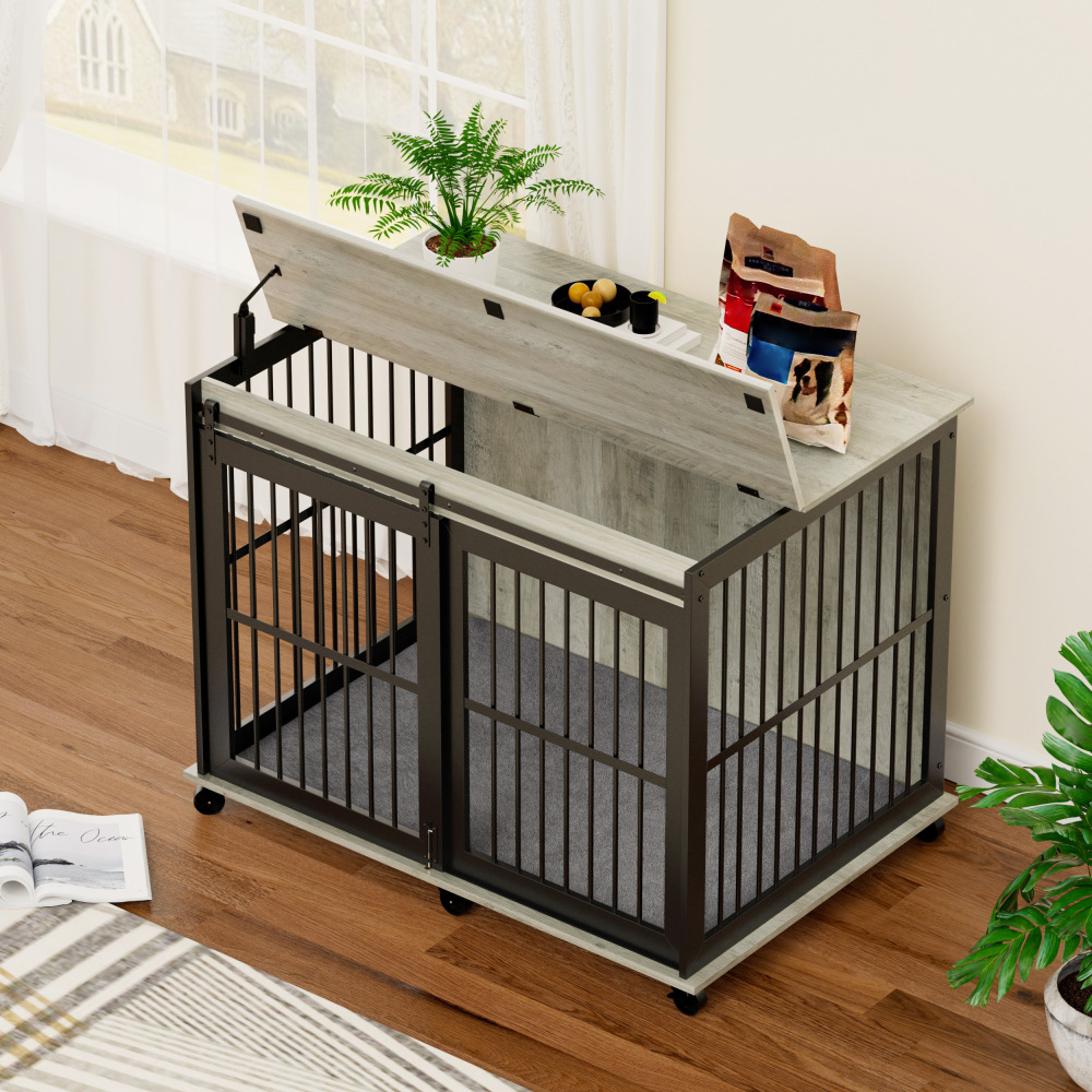 Grey Furniture Dog Crate with Sliding Iron Door and Comfort Mat_1