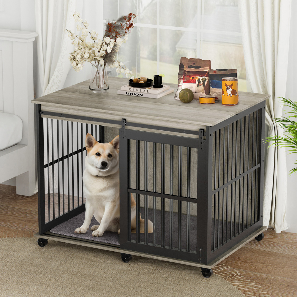 Grey Furniture Dog Crate with Sliding Iron Door and Comfort Mat_2