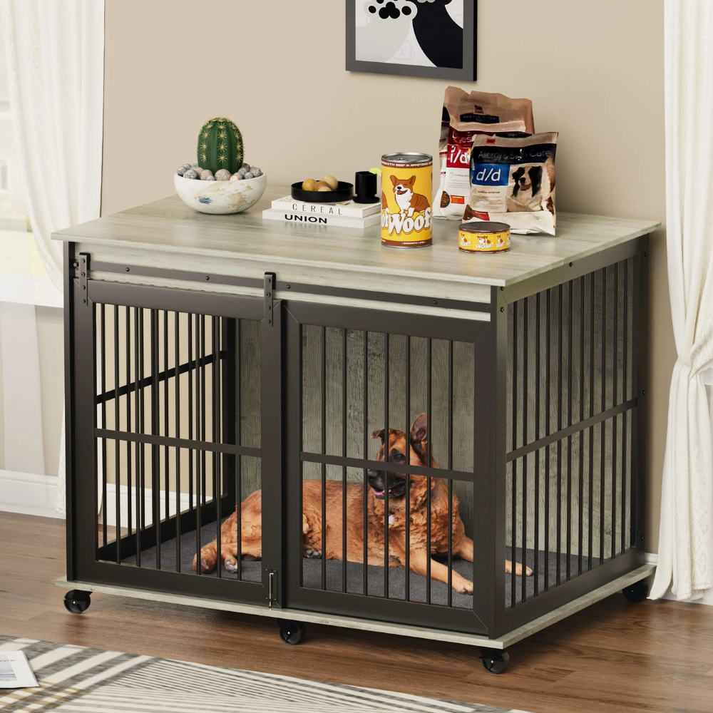 Grey Furniture Dog Crate with Sliding Iron Door and Comfort Mat_3