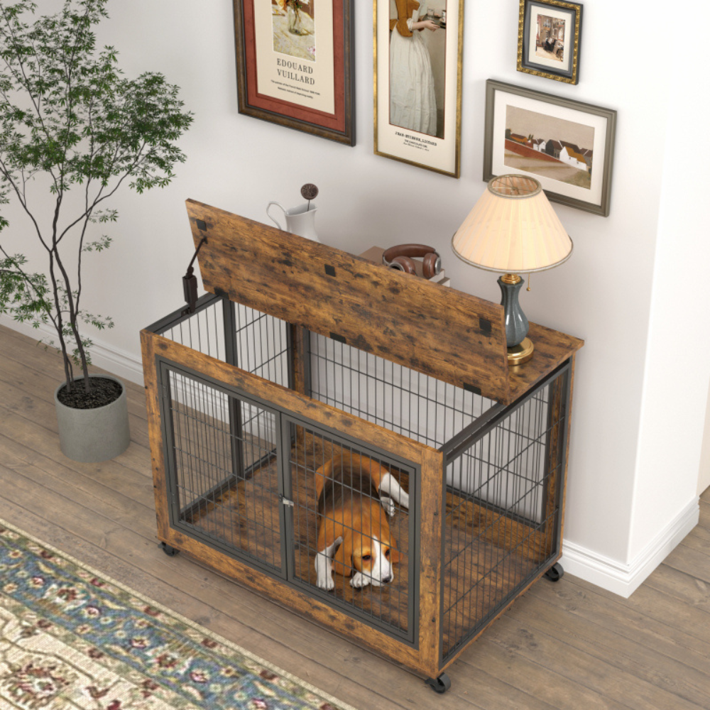 Double Door Rustic Brown Dog Cage Crate_5