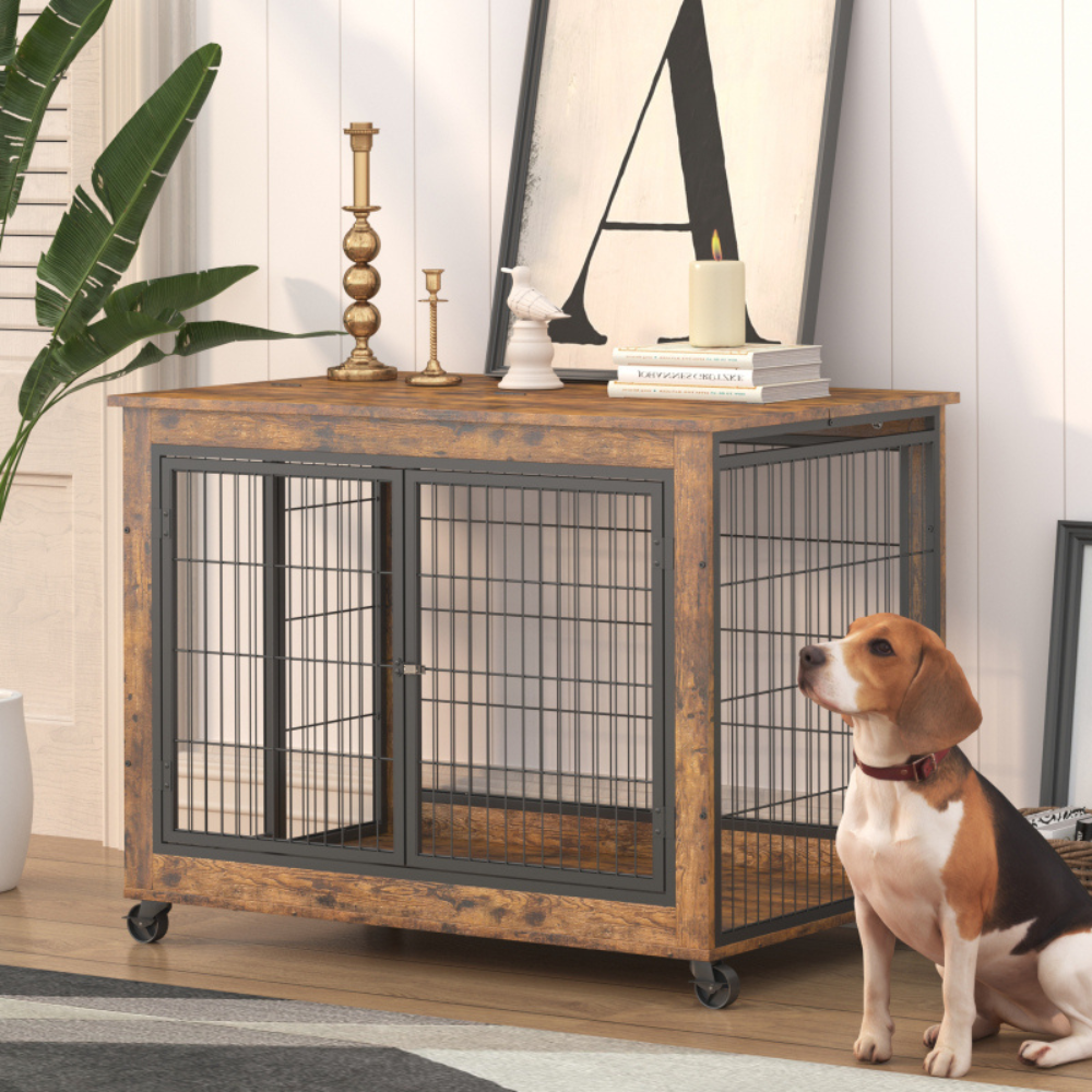 Double Door Rustic Brown Dog Cage Crate_3