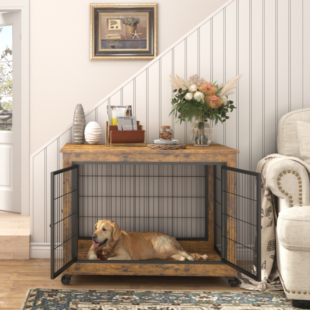 Double Door Rustic Brown Dog Cage Crate_1