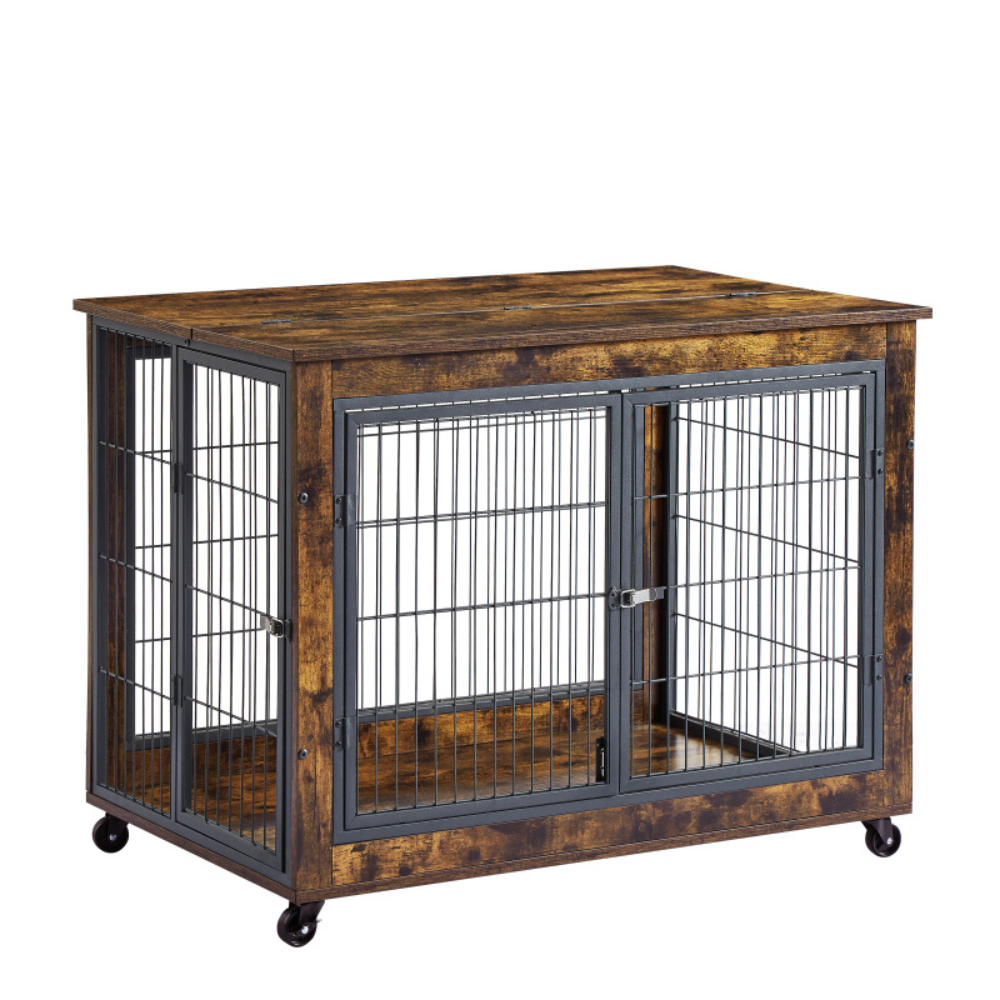 Double Door Rustic Brown Dog Cage Crate_6