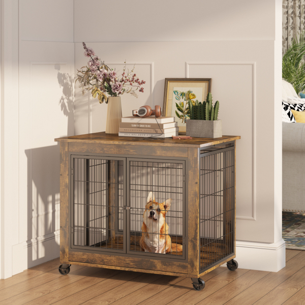 Double Door Rustic Brown Dog Cage Crate_0