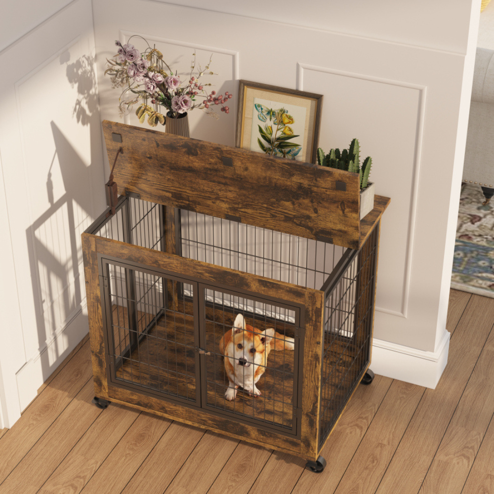 Double Door Rustic Brown Dog Cage Crate_4