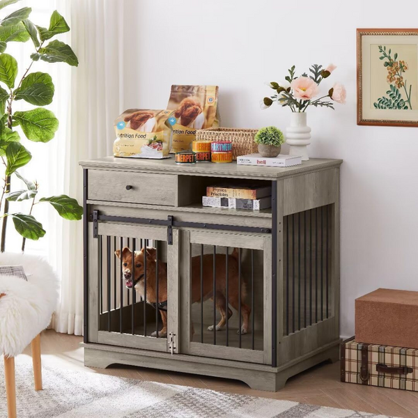 Grey Sliding Door Dog Crate with Convenient Drawers_0