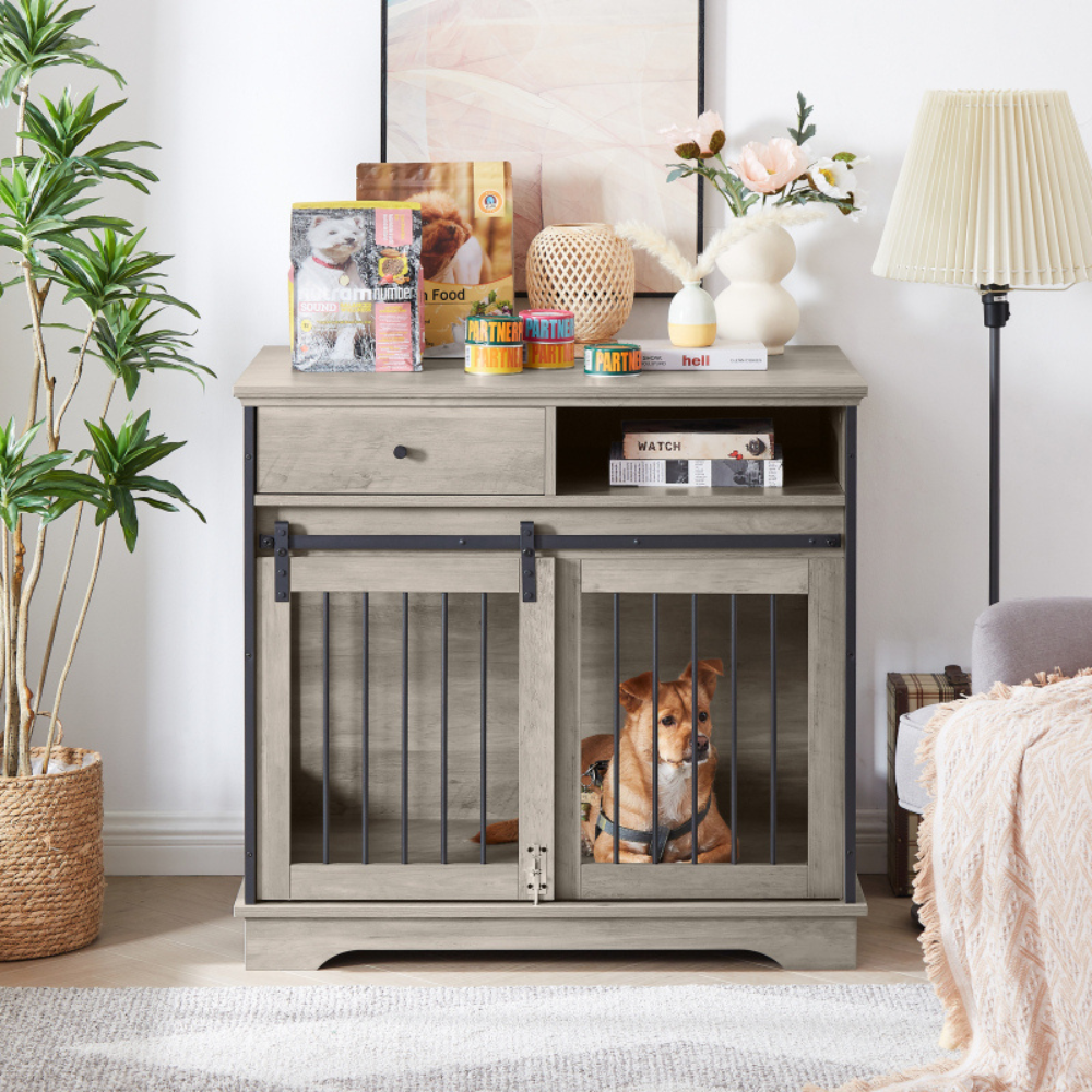 Grey Sliding Door Dog Crate with Convenient Drawers_1