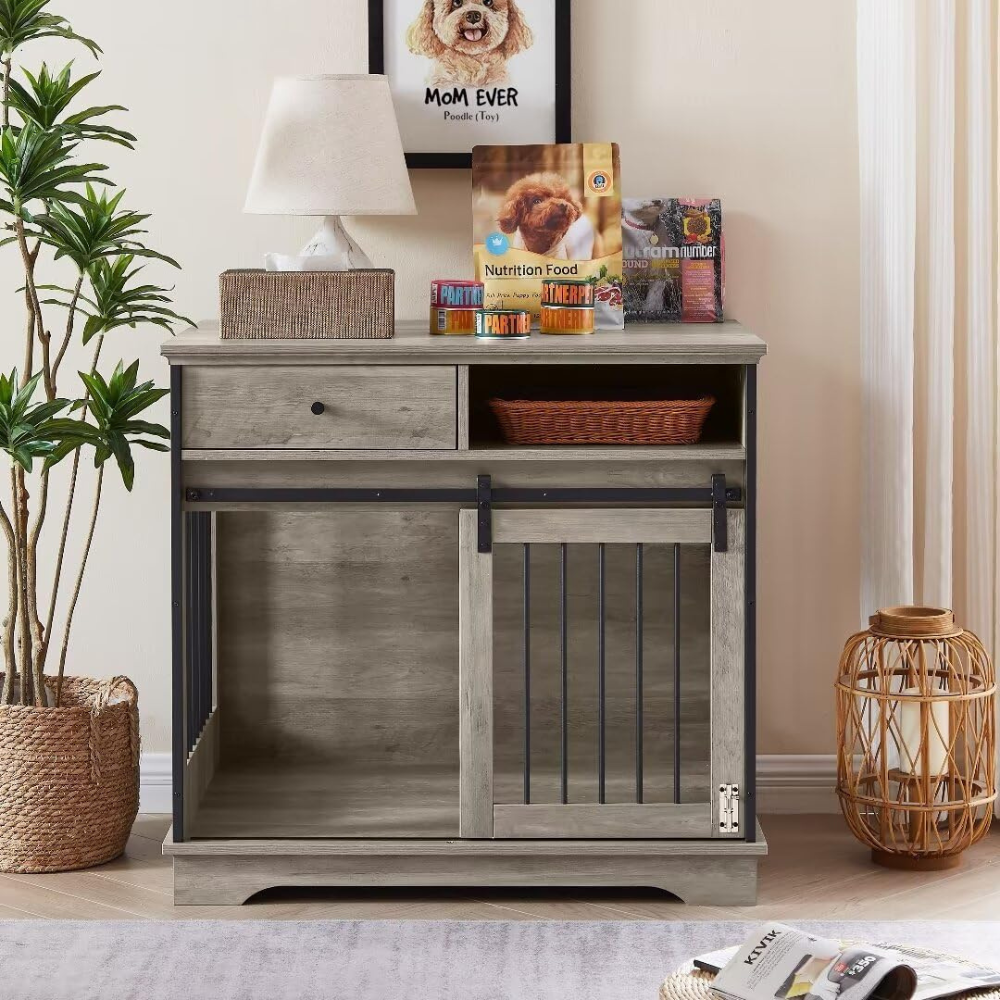 Grey Sliding Door Dog Crate with Convenient Drawers_3