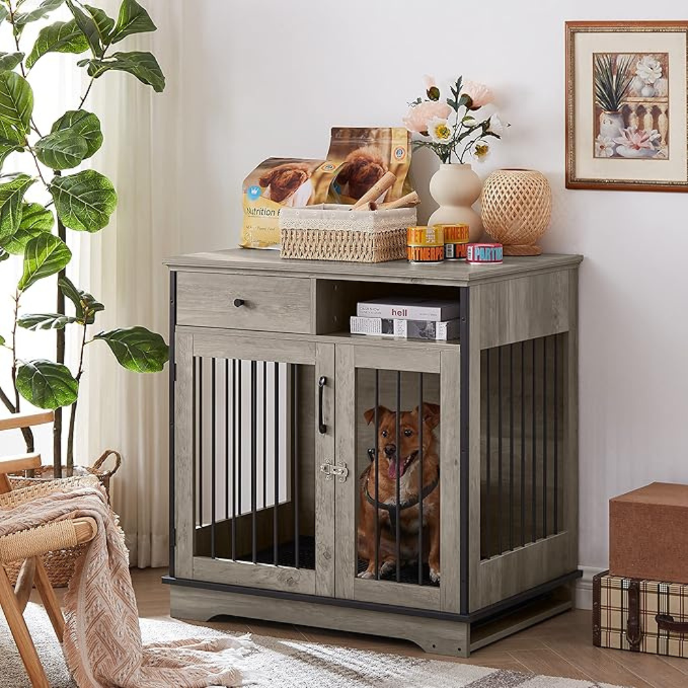 Grey Sliding Door Dog Crate with Convenient Drawers_2