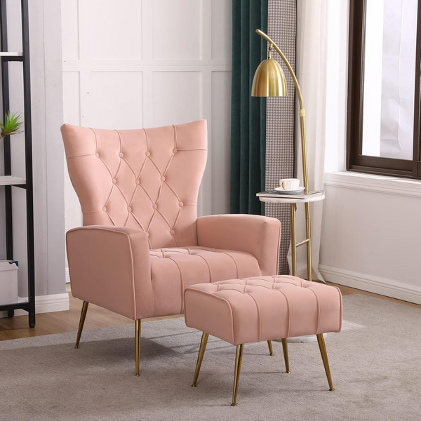 Stylish Pink Accent Chair with Ottoman_0