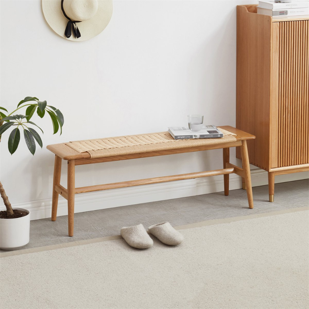 Stylish Woven Natural Oak Wood Dining Bed Bench_3