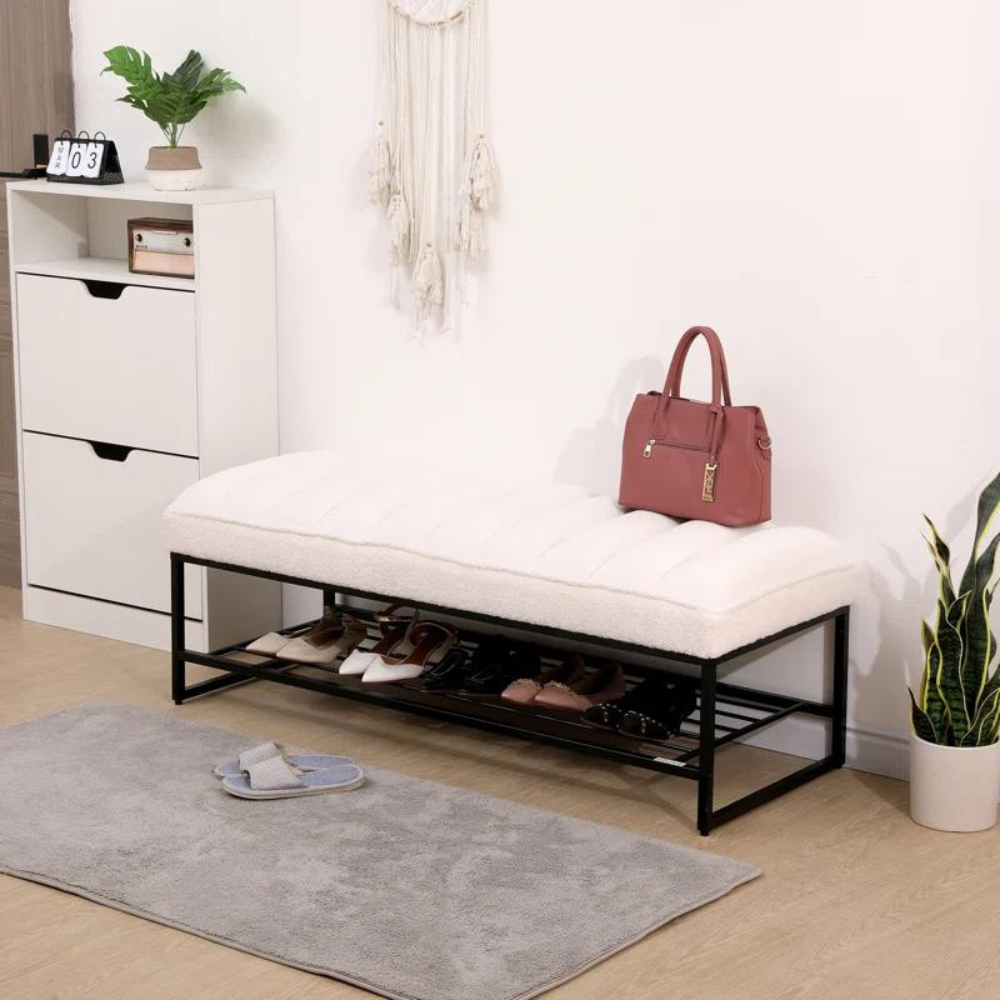 White Sherpa Channel Tufted Bench with Metal Shelf_3