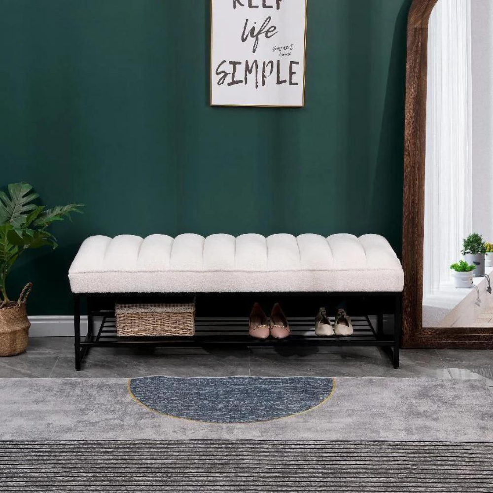 White Sherpa Channel Tufted Bench with Metal Shelf_0