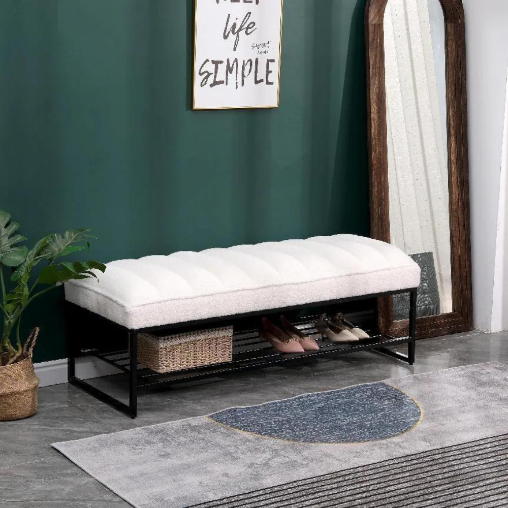 White Sherpa Channel Tufted Bench with Metal Shelf_1