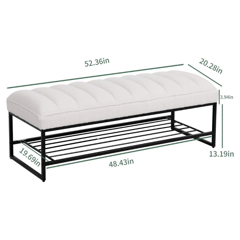 White Sherpa Channel Tufted Bench with Metal Shelf_5