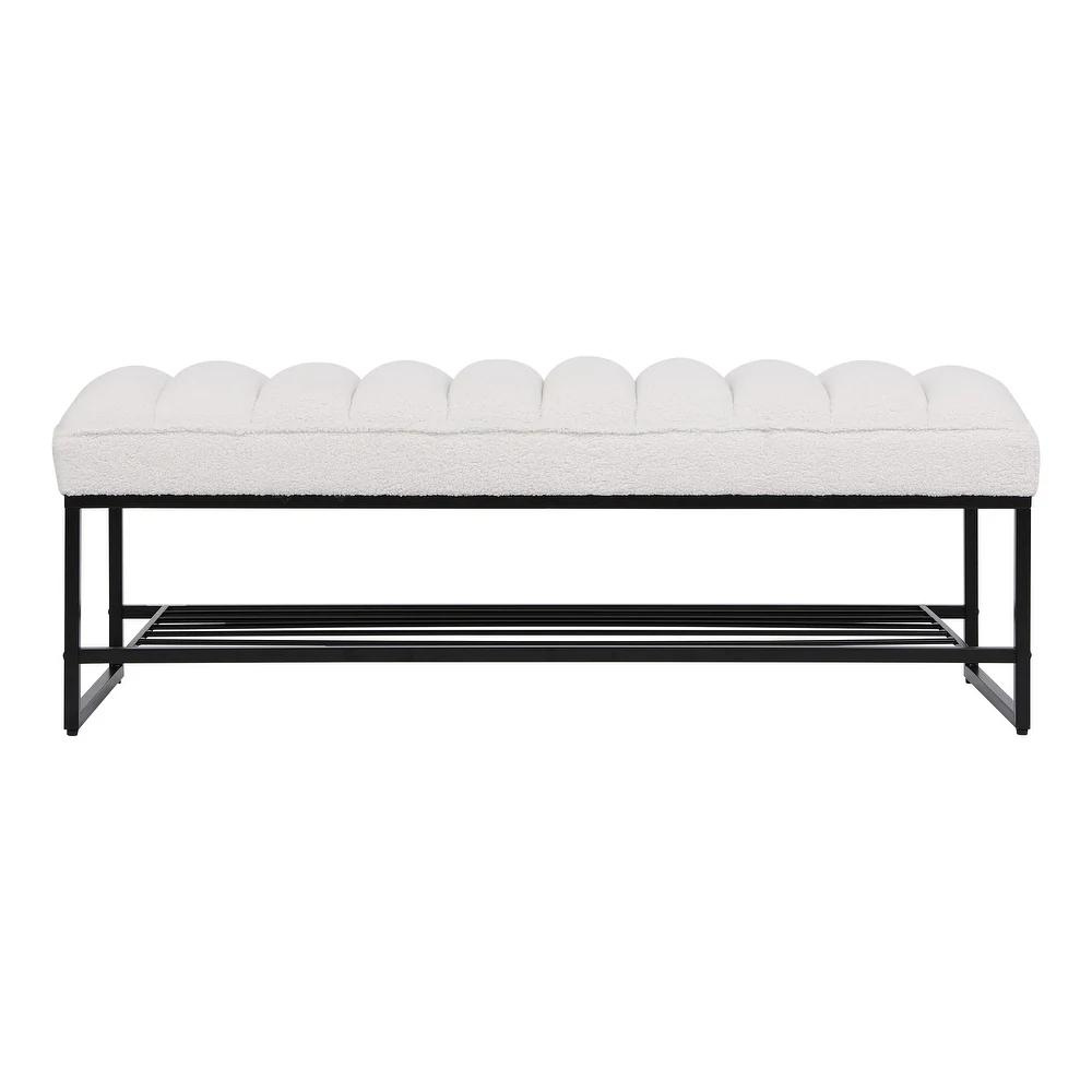 White Sherpa Channel Tufted Bench with Metal Shelf_4