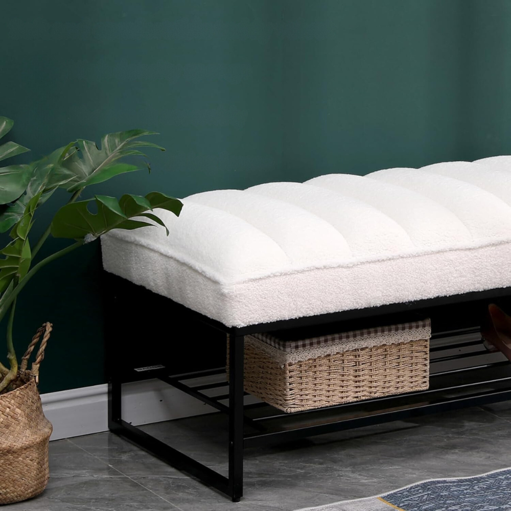 White Sherpa Channel Tufted Bench with Metal Shelf_2