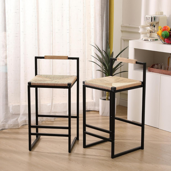 Set of 2 Paper Rope Woven Bar Stools with Back_0