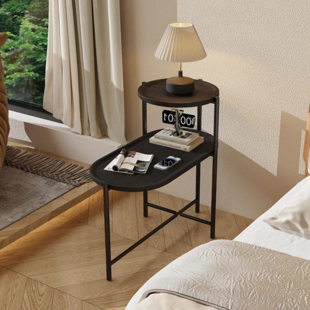 2-Tier Black Side Table with Storage_0