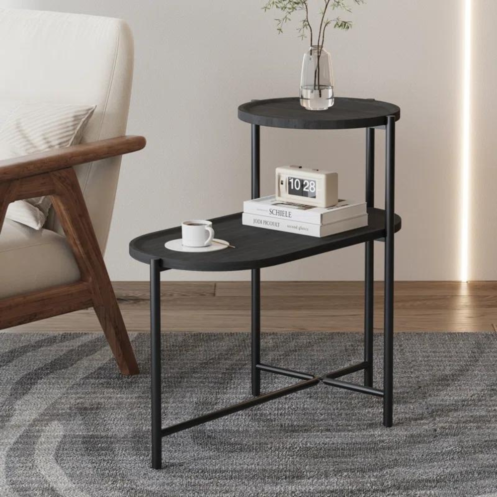 2-Tier Black Side Table with Storage_3