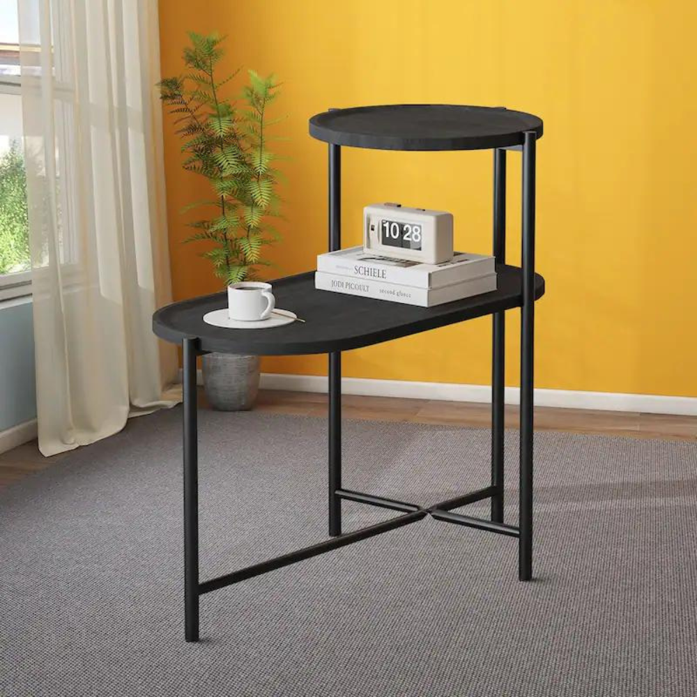 2-Tier Black Side Table with Storage_4