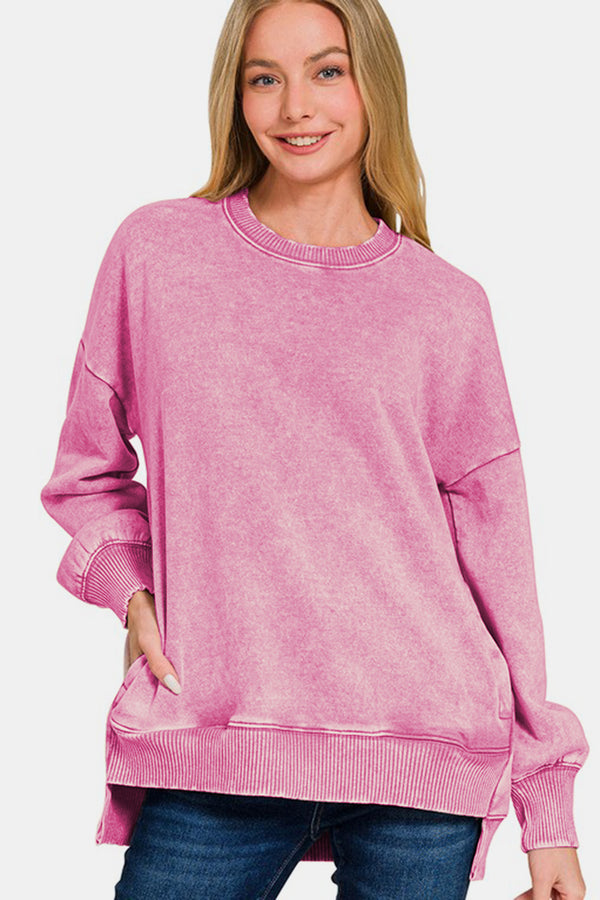 Zenana High-Low Acid Wash Fleece Sweatshirt