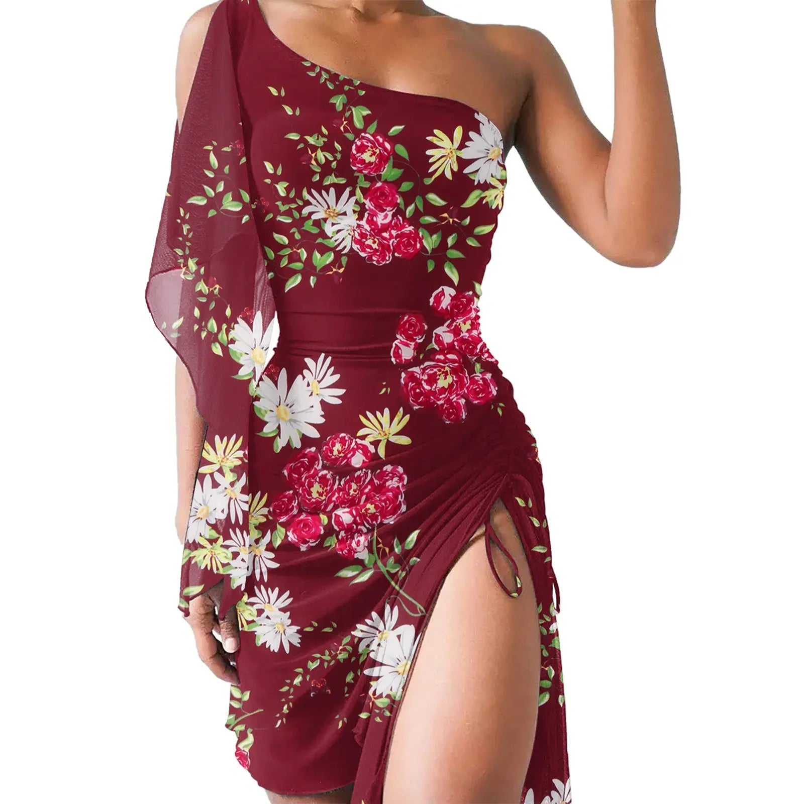 Summer Slim Fit Off Shoulder Dress Women'S Lace Mesh Gradient Elegant Dress Pleated Drawstring Split Dresses For Women 2023