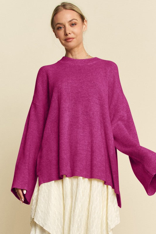 Davi & Dani High-Low Round Neck Drop Shoulder Sweater