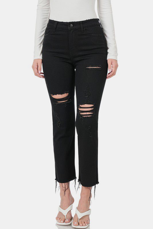 Zenana Distressed Raw Hem Cropped Jeans