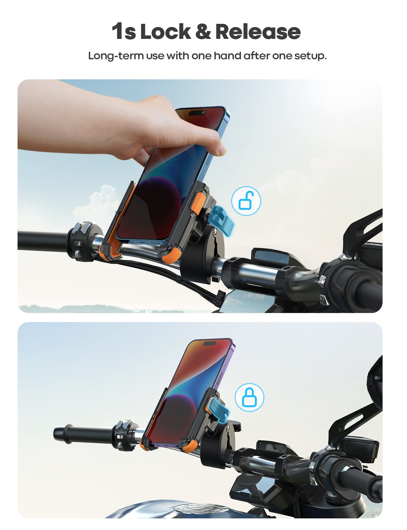 Lamicall Motorcycle Phone Mount Holder - [Camera Friendly] [1s Lock] Bike Phone Holder Handlebar Clamp, Bicycle Scooter Phone Clip, Gifts for iPhone 17, 16, 15 Pro Max, Galaxy S25 Ultra, 4.7-7" Phones