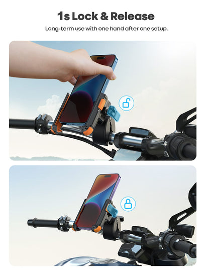 Lamicall Motorcycle Phone Mount Holder - [Camera Friendly] [1s Lock] Bike Phone Holder Handlebar Clamp, Bicycle Scooter Phone Clip, Gifts for iPhone 17, 16, 15 Pro Max, Galaxy S25 Ultra, 4.7-7" Phones