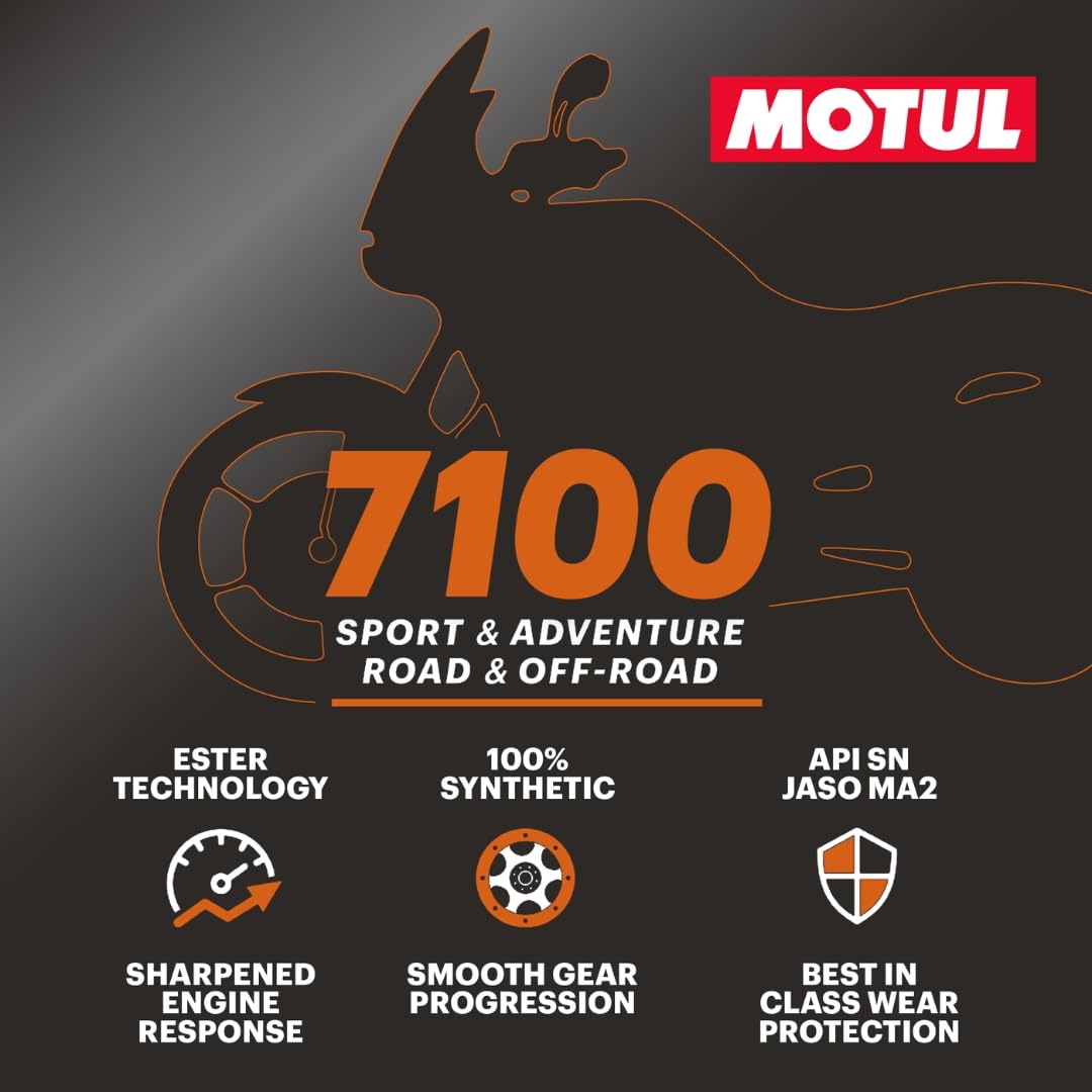 Motul 7100 4T 10W-40 Full Synthetic Motorcycle Oil - Ester Technology - API SP JASO MA2 Wet Clutch Safe - Engine and Gearbox Protection for Street Sport Adventure 4L