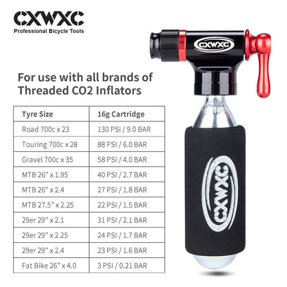 CO2 Inflator Kit with 16g/ 25g CO2 Cartridges - Presta & Schrader Valve Compatible - CO2 Bike Pump for Road and Mountain Bikes