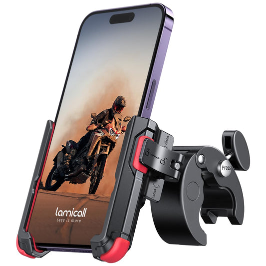 Lamicall Motorcycle Phone Mount Holder - [Camera Friendly] [1s Lock] Bike Phone Holder Handlebar Clamp, Bicycle Scooter Phone Clip, Gifts for iPhone 17, 16, 15 Pro Max, Galaxy S25 Ultra, 4.7-7" Phones