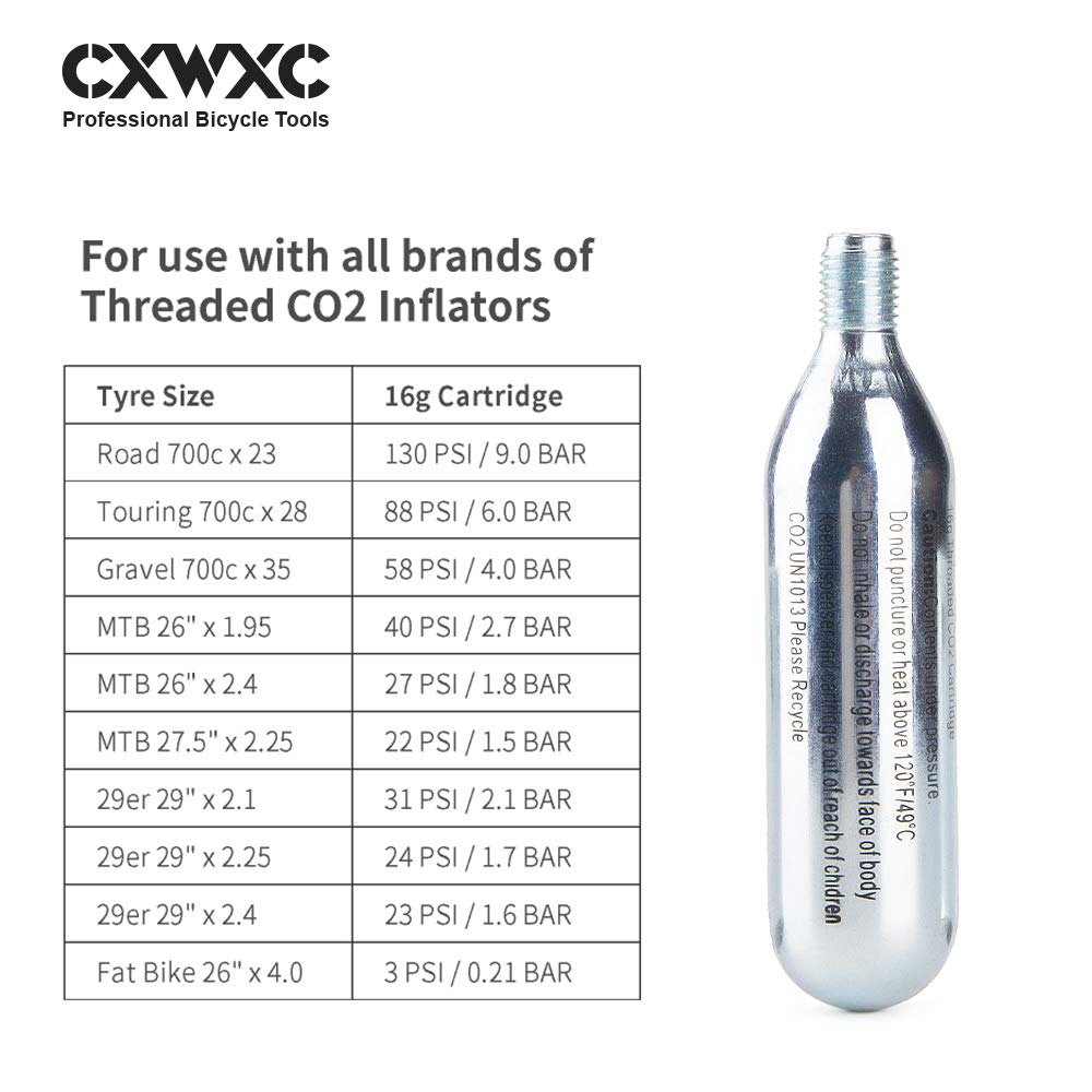 CXWXC 16g / 25g Threaded CO2 Cartridges or CO2 Inflator for Bike Tires - Cartridge for CO2 Inflator with Threaded Connection, CO2 Pump for Road and Mountain Bikes