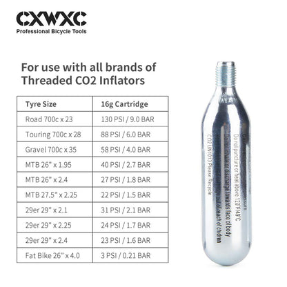 CXWXC 16g / 25g Threaded CO2 Cartridges or CO2 Inflator for Bike Tires - Cartridge for CO2 Inflator with Threaded Connection, CO2 Pump for Road and Mountain Bikes