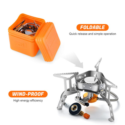 Odoland 3500W/6800W Windproof Camp Stove Camping Gas Stove with Fuel Canister Adapter, Piezo Ignition, Carry Case, Portable Collapsible Stove Burner for Outdoor Backpacking Hiking and Picnic