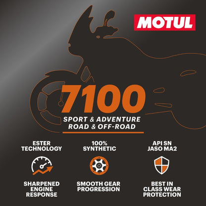 Motul 7100 4T 10W-40 Full Synthetic Motorcycle Oil - Ester Technology - API SP JASO MA2 Wet Clutch Safe - Engine and Gearbox Protection for Street Sport Adventure 4L