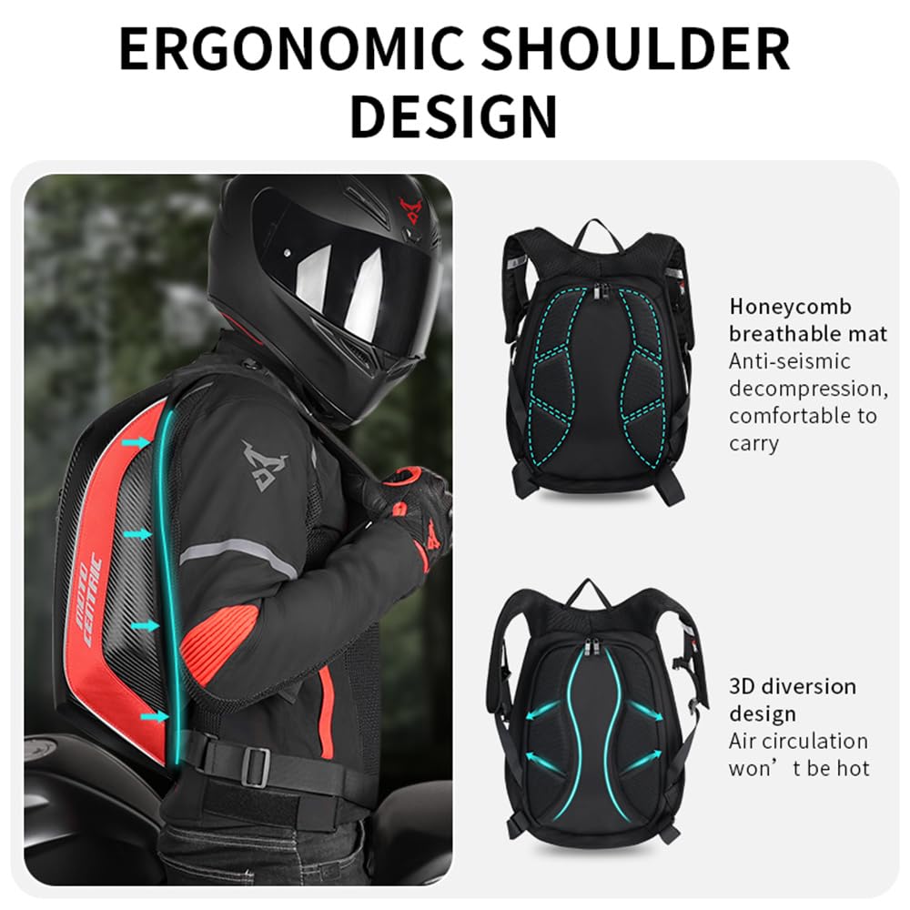 Motorcycle Backpack Waterproof Large Capacity Carbon Fiber Rider Backpack Hard Shell Reflective Motorbike Travel Suitcase Light Version (Black)