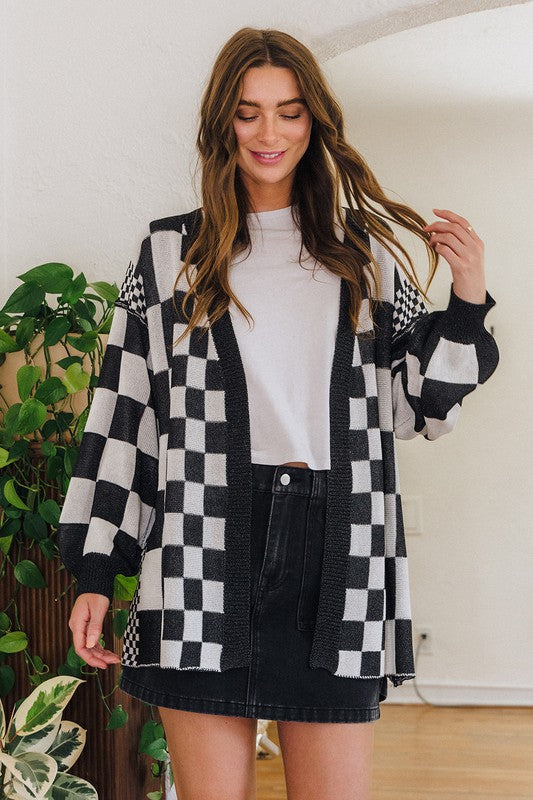 Annie Wear Checkered Open Front Drop Shoulder Cardigan